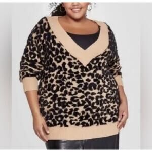 AVA AND VIV Animal Print Fuzzy V Neck Sweater | Size X